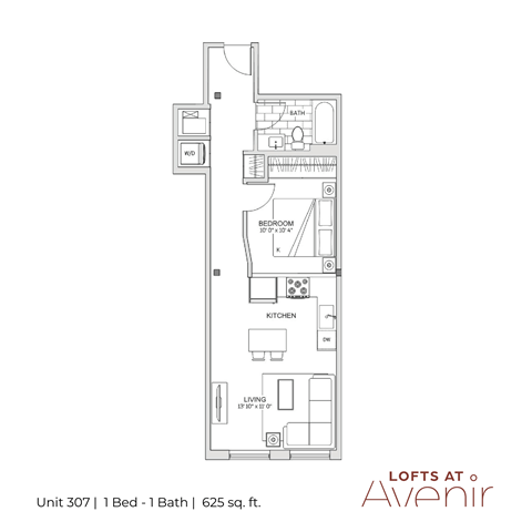 Floor plan for 1 bed, 1 bath, 625 sqft
