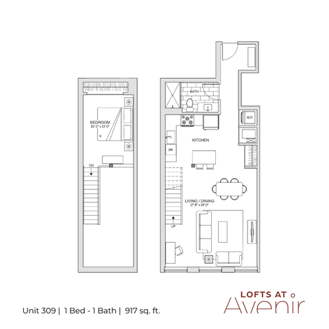 Floor plan for 1 bed, 1 bath, 917 sqft