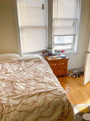 Chicago apartment for rent - A bed with a white comforter and a wooden nightstand with a plant on it.