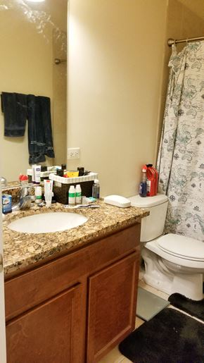 Chicago apartment for rent - the bathroom is cluttered with toiletries and a sink