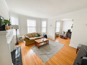 Evanston apartment for rent - A living room with a fireplace, couch, and rug.