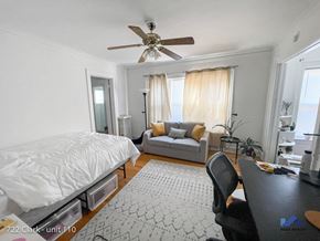 Evanston apartment for rent - a bedroom and living room with a bed and a ceiling fan