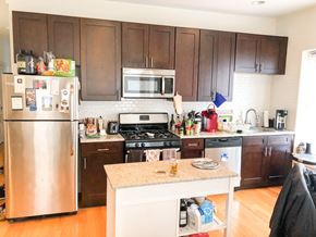 Chicago apartment for rent - a kitchen with wooden cabinets and stainless steel appliances