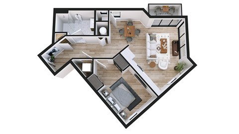 Floor plan for 1 bed, 1 bath, 739 sqft