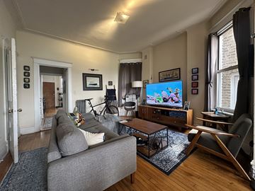Chicago apartment for rent - A living room with a grey couch and a television on a wooden cabinet.