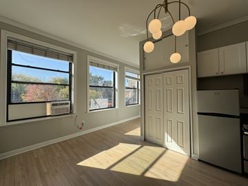 Chicago apartment for rent - A kitchen with a white door and a window with trees visible outside.