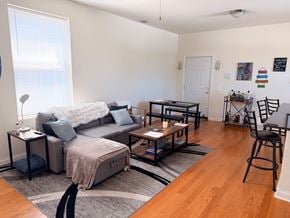 Chicago apartment for rent - A living room with a grey couch and a grey rug.