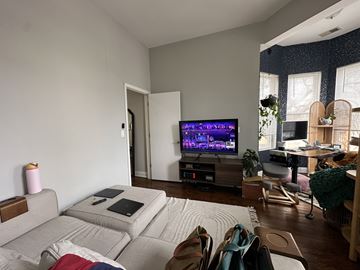 Chicago apartment for rent - A living room with a grey couch and a television on a wooden stand.