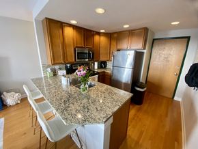 Chicago apartment for rent - A kitchen with a granite countertop and stainless steel appliances.