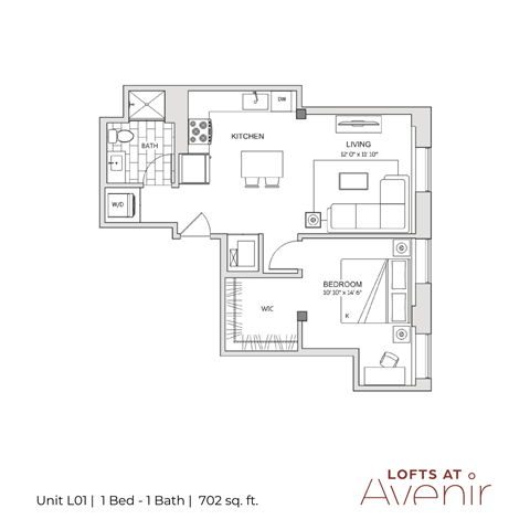 Floor plan for 1 bed, 1 bath, 702 sqft