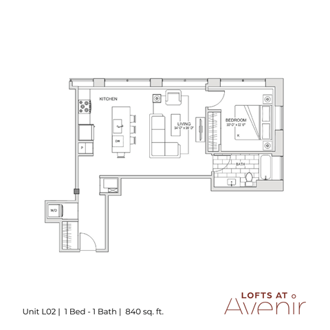Floor plan for 1 bed, 1 bath, 840 sqft