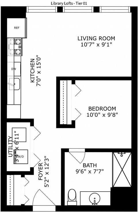 Floor plan for 1 bed, 1 bath, 650 sqft