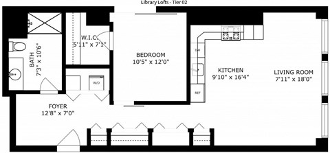 Floor plan for 1 bed, 1 bath, 835 sqft