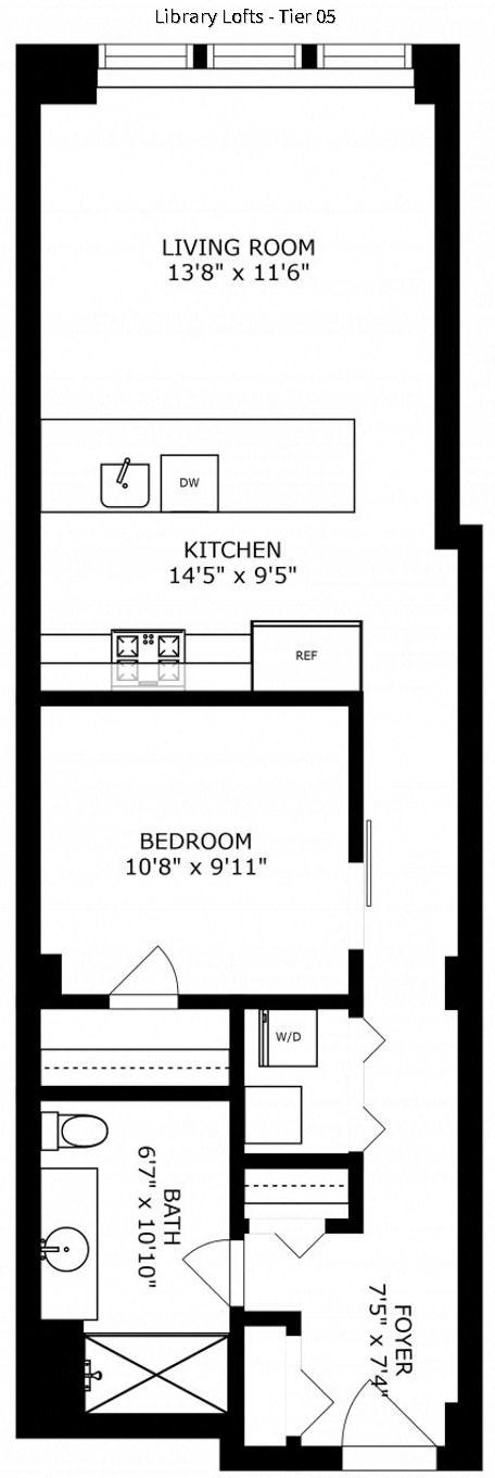 Floor plan for 1 bed, 1 bath, 800 sqft