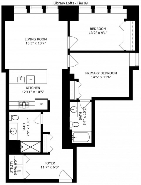 Floor plan for 2 beds, 2 baths, 1175 sqft