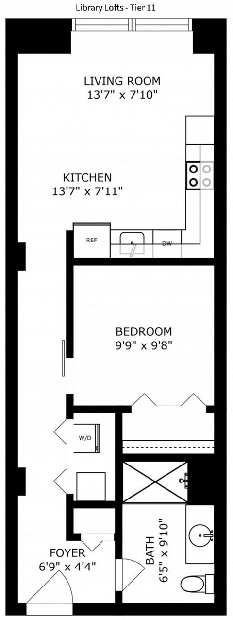 Floor plan for 1 bed, 1 bath, 690 sqft