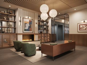 Chicago apartment for rent - A modern living room with a fireplace and a large painting on the wall.
