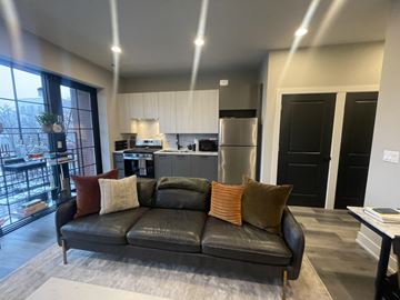 Chicago apartment for rent - A black leather couch with four pillows sits in a living room.