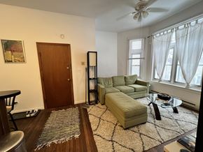 Chicago apartment for rent - A living room with a green couch and a rug.