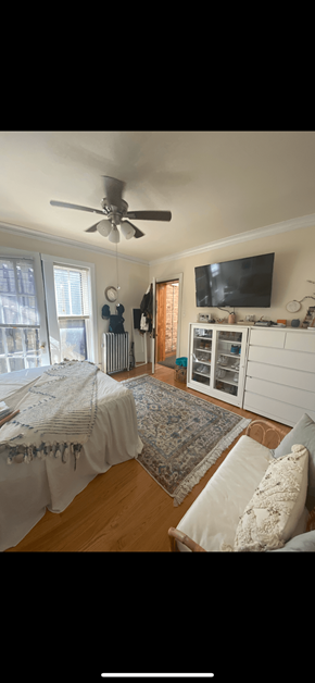 Chicago apartment for rent - a bedroom with a bed and a ceiling fan and a tv