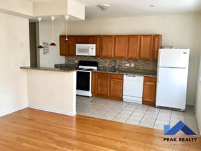 Chicago apartment for rent - an empty kitchen with white appliances and wooden cabinets