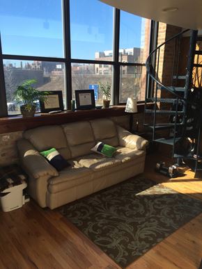 Chicago apartment for rent - A tan couch with green and blue pillows sits in front of a window.