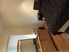 Chicago apartment for rent - A bedroom with a bed, wooden cabinet, and a window with blinds.