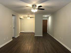 Chicago apartment for rent - A room with a ceiling fan and light fixture.