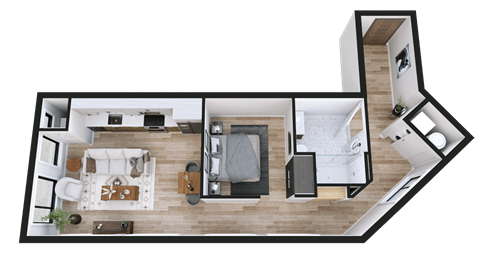 Floor plan for 1 bed, 1 bath, 710 sqft