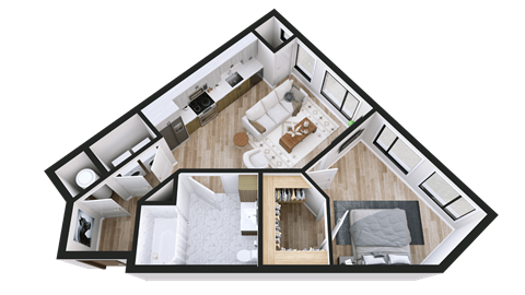 Floor plan for 1 bed, 1 bath, 640 sqft