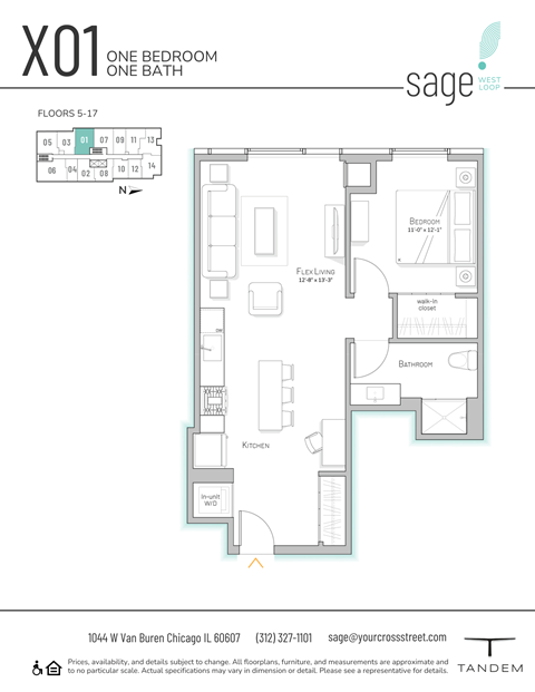 Floor plan for 1 bed, 1 bath, 749 sqft