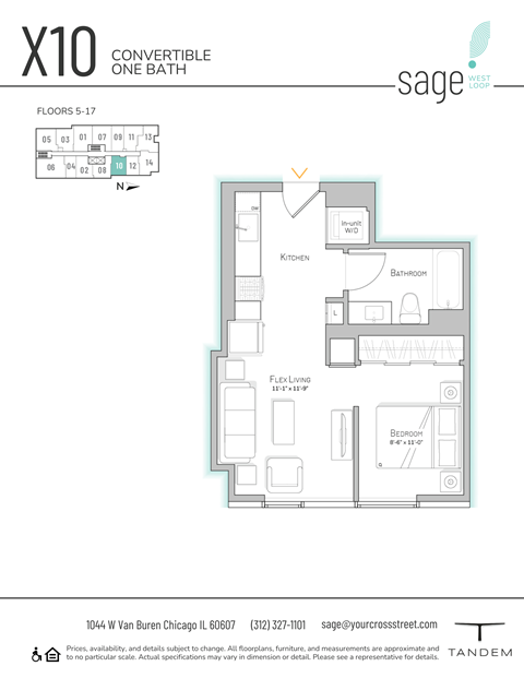 Floor plan for 1 bed, 1 bath, 480 sqft