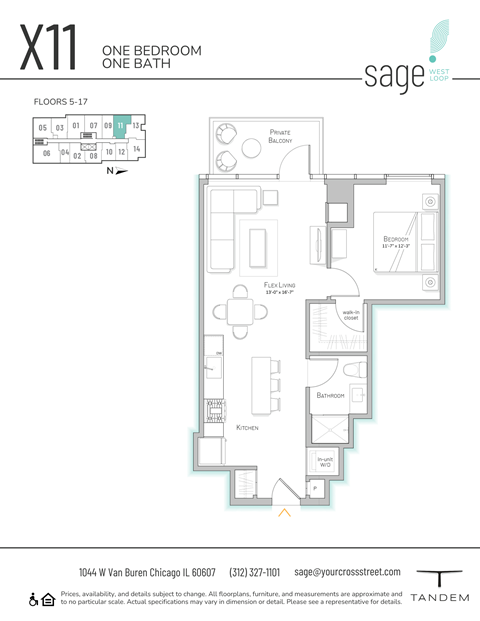 Floor plan for 1 bed, 1 bath, 708 sqft