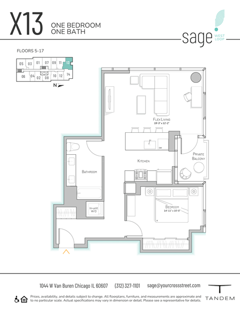 Floor plan for 1 bed, 1 bath, 827 sqft