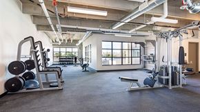 Denver apartment for rent - a gym with weights and dumbbells and a large window