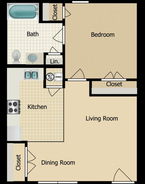 Floor plan for 1 bed, 1 bath, 600 sqft