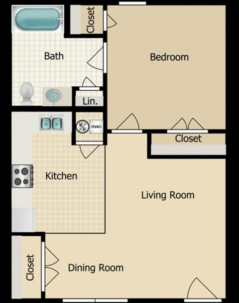 Floor plan for 1 bed, 1 bath, 600 sqft