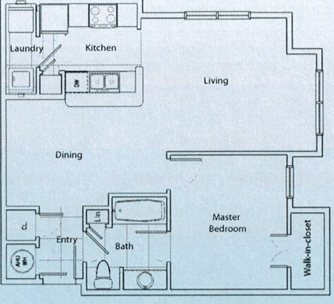 Floor plan for 1 bed, 1 bath, 757 sqft