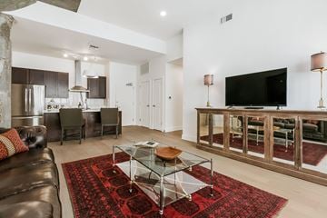 New Orleans apartment for rent - A living room with a glass coffee table and a leather couch.