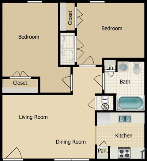 Floor plan for 2 beds, 1 bath, 750 sqft
