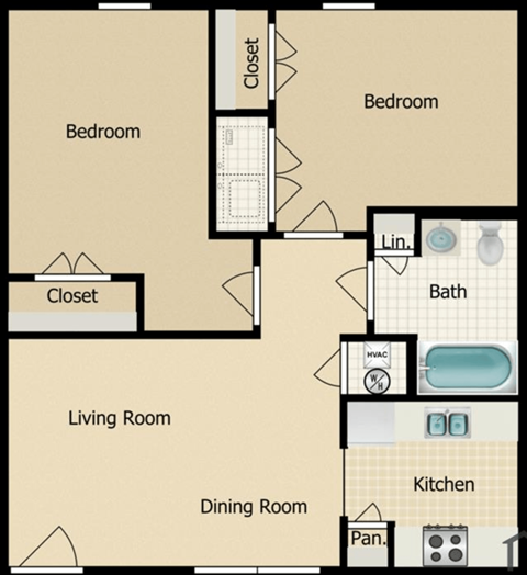 Floor plan for 2 beds, 1 bath, 750 sqft
