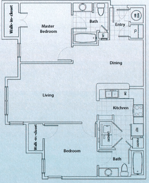 Floor plan for 2 beds, 2 baths, 1005 sqft