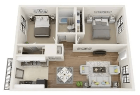 Floor plan for 2 beds, 1 bath, 845 sqft