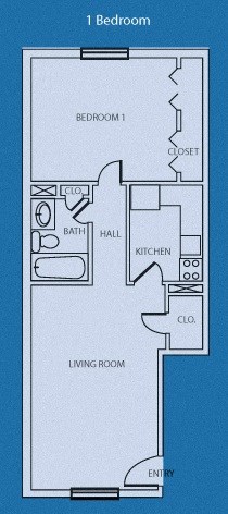 Floor plan for 1 bed, 1 bath, 628 sqft
