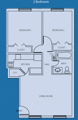 Floor plan for 2 beds, 1 bath, 771 sqft