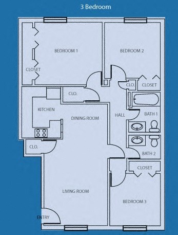 Floor plan for 3 beds, 2 baths, 966 sqft