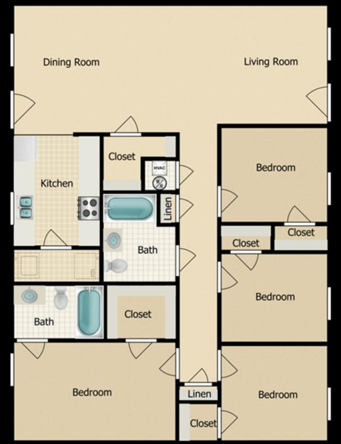 Floor plan for 4 beds, 2 baths, 1100 sqft