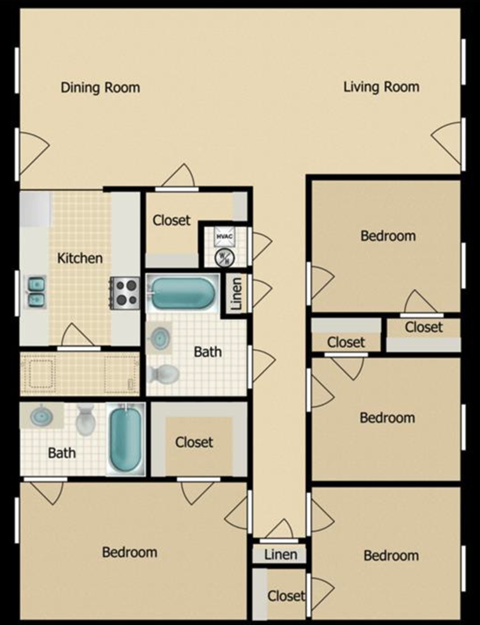 Floor plan for 4 beds, 2 baths, 1100 sqft