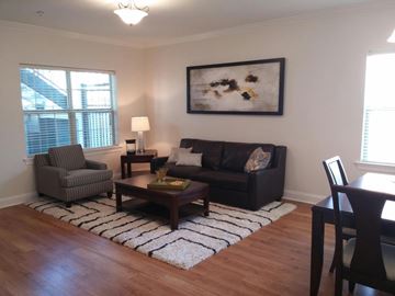 Metairie apartment for rent - A living room with a black couch and a painting on the wall.