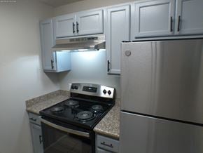 Baton Rouge apartment for rent - a kitchen with white cabinets and a stove and refrigerator